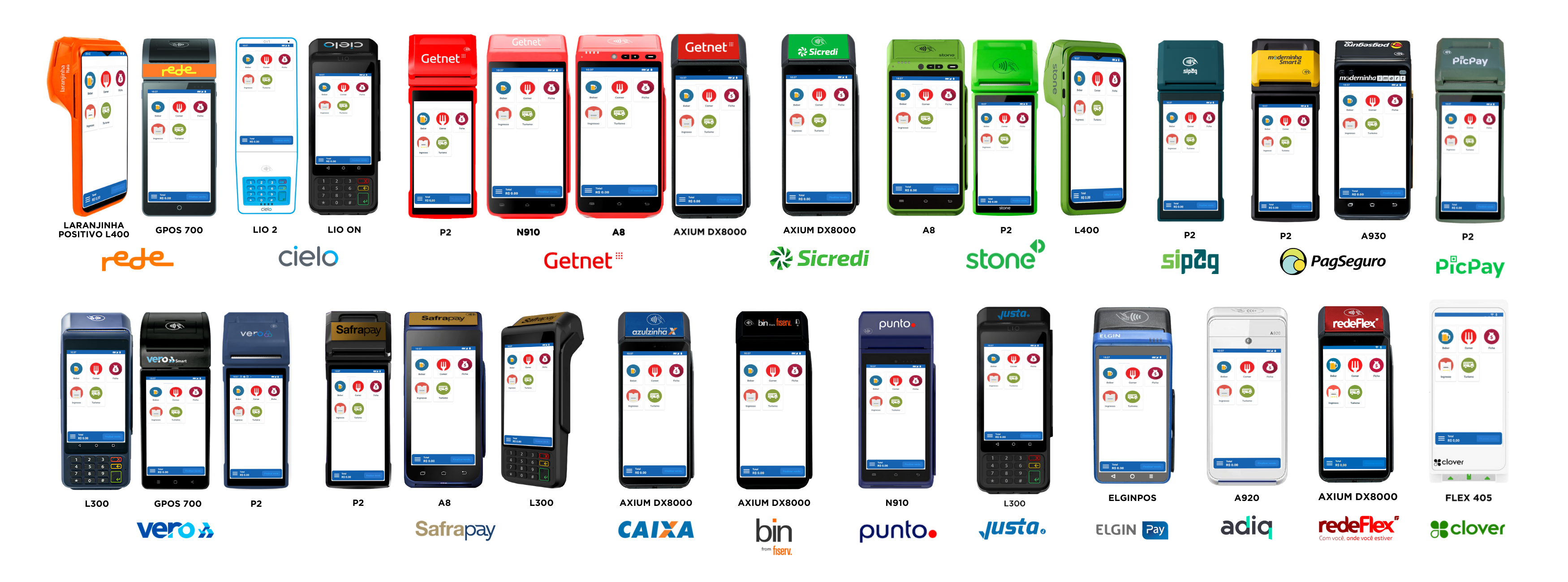 Coleção de dezesseis terminais de pagamento com cartão de diferentes marcas, com interfaces de transação em suas telas